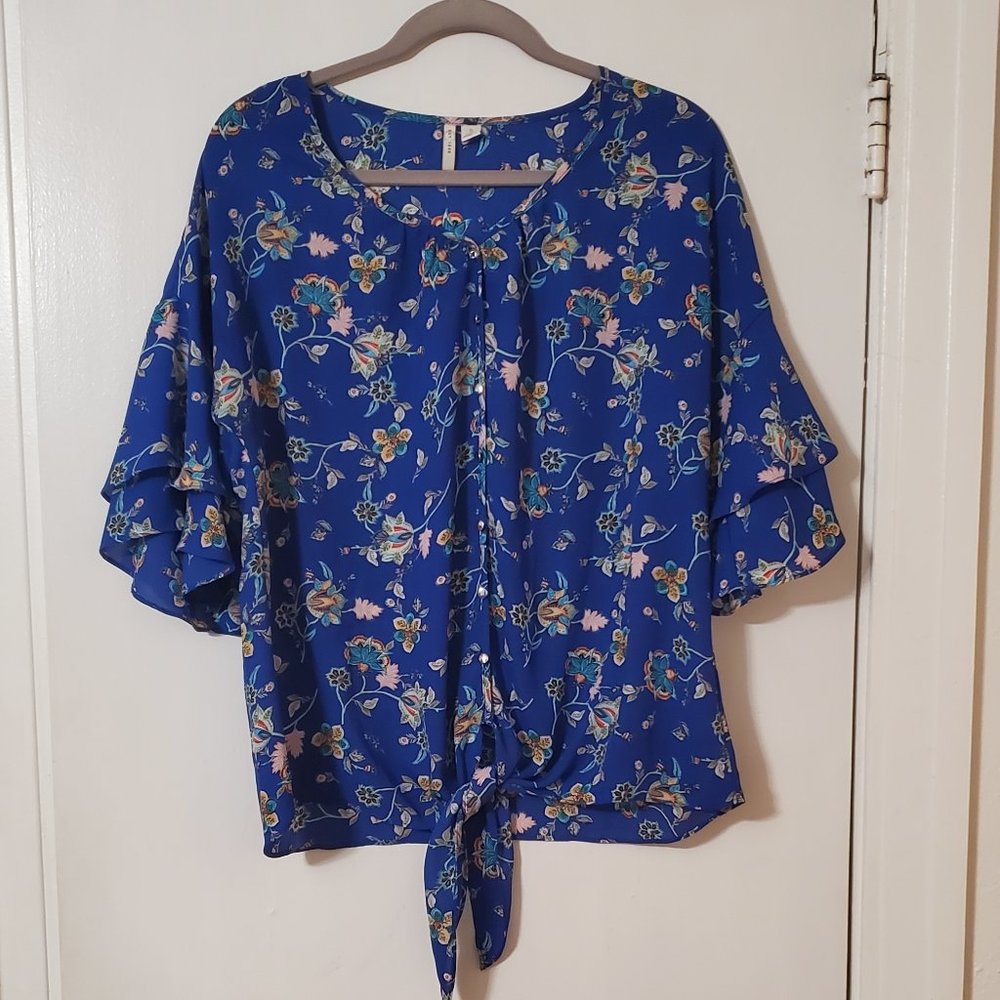 Flowy Flower Print Top | Royal Blue | Size Small